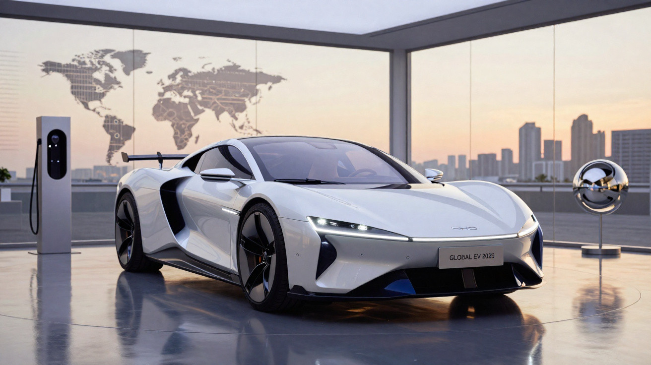 Carro esportivo elétrico branco em showroom moderno com mapa mundial e cidade ao fundo ao entardecer.