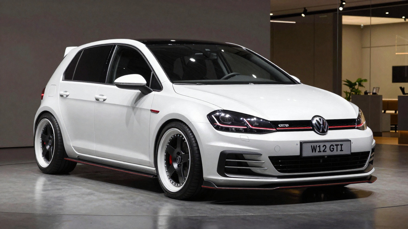 Carro Volkswagen Golf GTI branco com detalhes em vermelho em exposição interna.