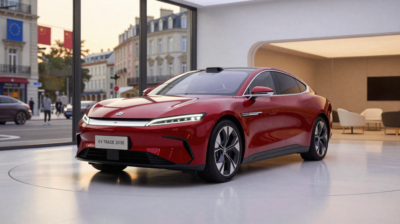 Carro elétrico vermelho moderno exposto em ambiente interno com janelas mostrando rua ao fundo.