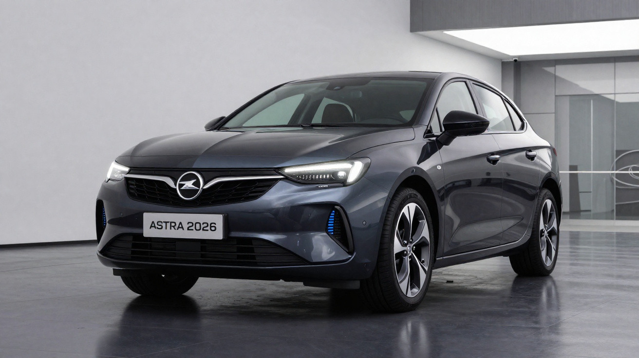 Carro hatchback cinza escuro Opel Astra 2026 estacionado em ambiente interno moderno.
