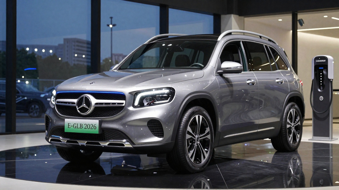 Carro elétrico Mercedes-Benz E-GLB 2026 cinza estacionado em showroom moderno à noite.