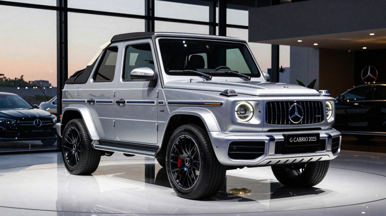 Mercedes-Benz G Cabrio prata 2025 em exposição com iluminação interna e janelas amplas ao fundo.