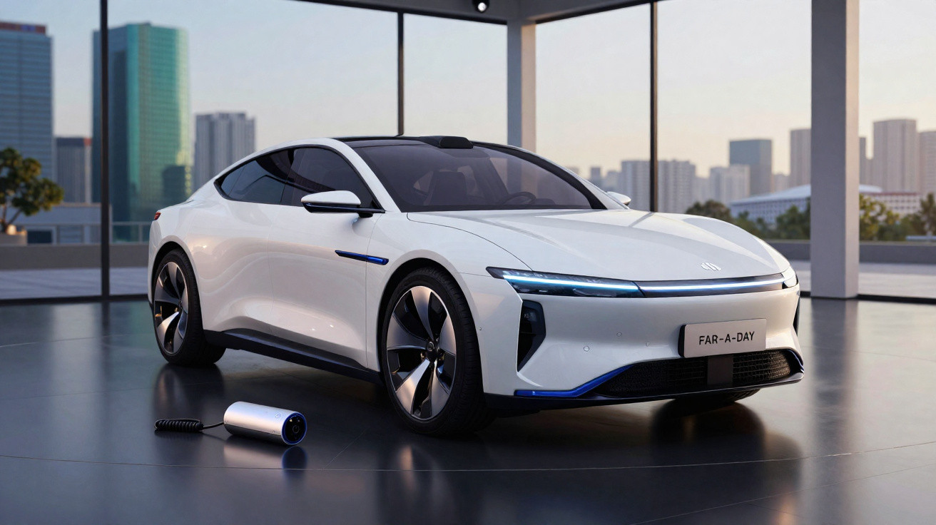 Carro elétrico branco futurista estacionado em ambiente interno com prédios ao fundo e carregador portátil ao lado.