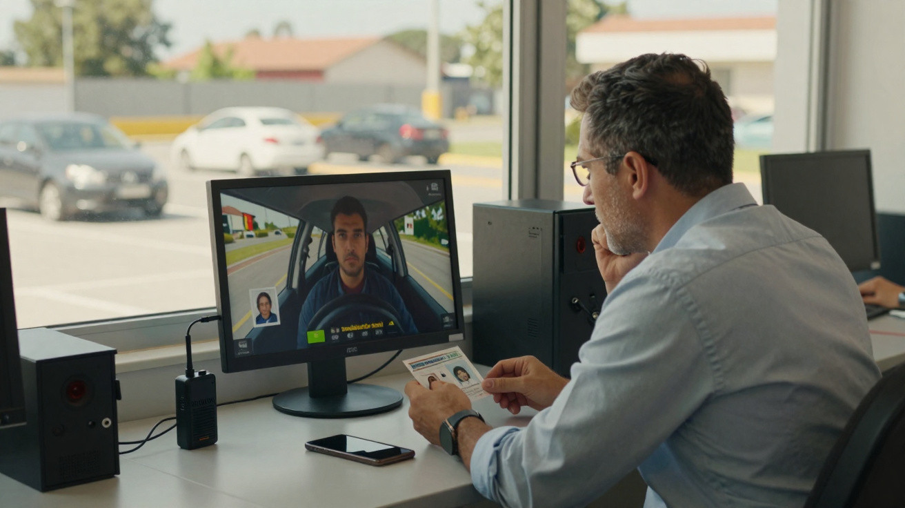 Homem com óculos avalia teste de direção em monitor enquanto segura documento e fala ao telefone.