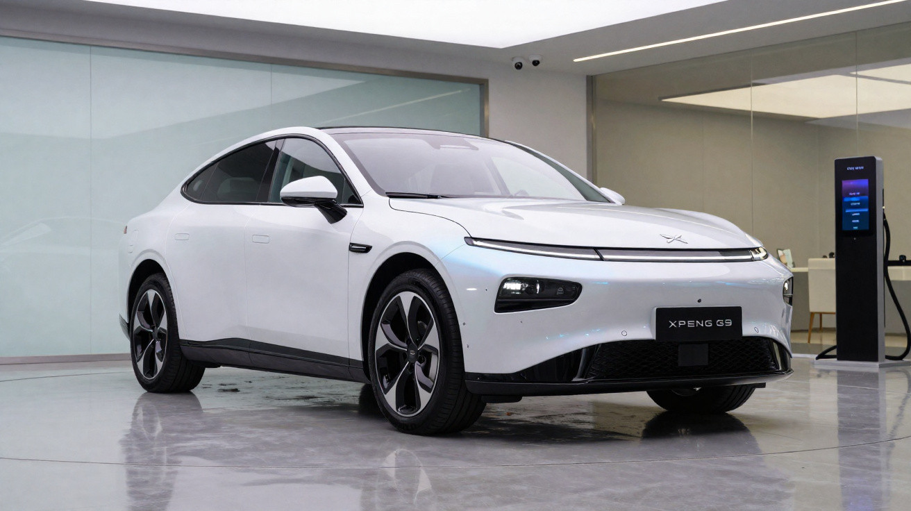 Carro elétrico branco XPeng G9 estacionado em showroom moderno com carregador ao fundo.