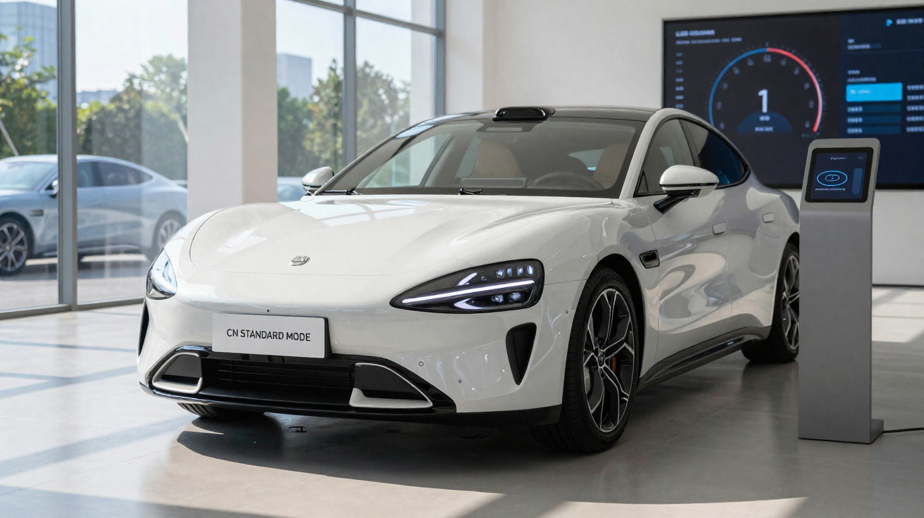 Carro elétrico branco estacionado em showroom moderno com painel digital ao fundo.