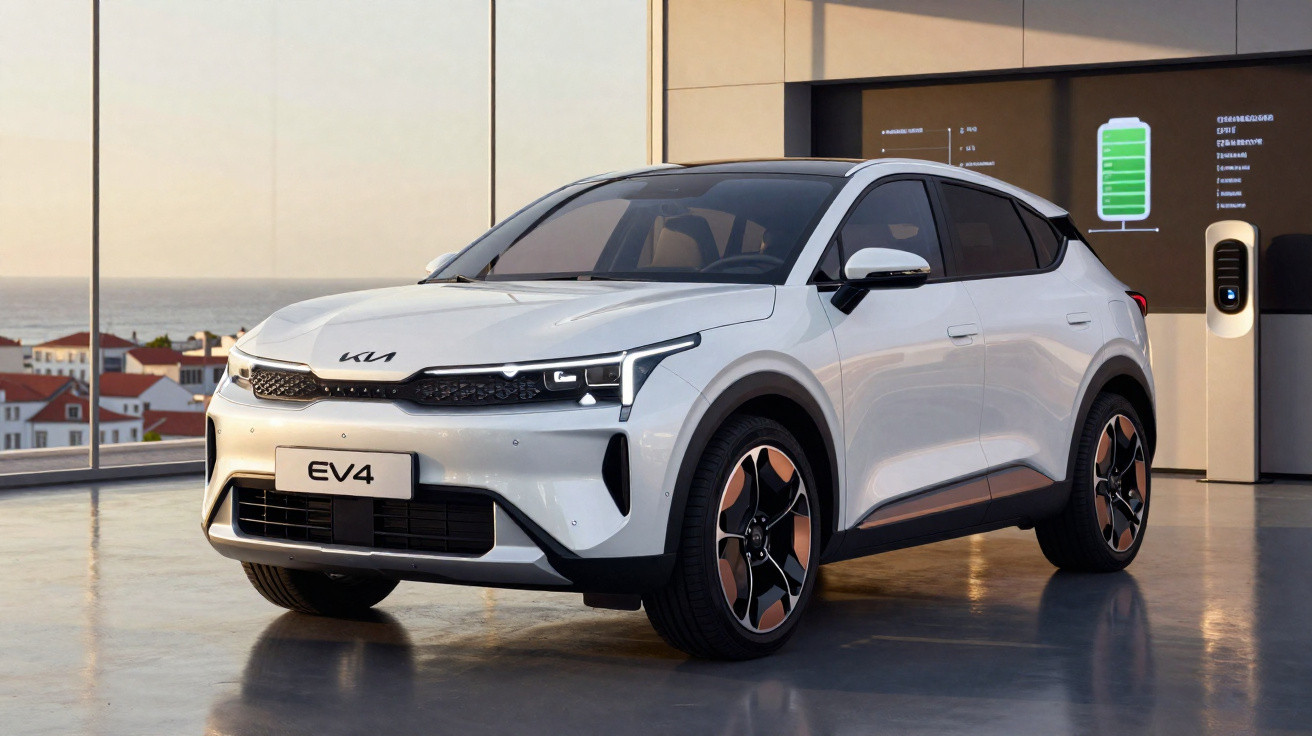 Carro elétrico branco Kia EV4 estacionado em ambiente interno com painel de carregamento ao fundo.