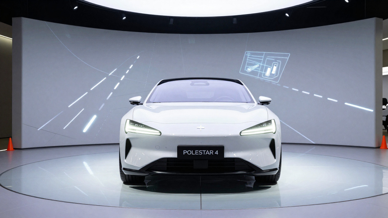 Carro elétrico branco Polestar 4 exibido em ambiente moderno com projeções digitais ao fundo.