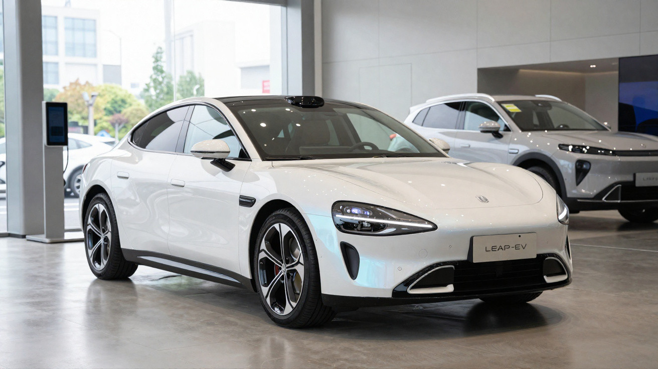 Carro elétrico branco Leap-EV em showroom moderno com outro veículo ao fundo.