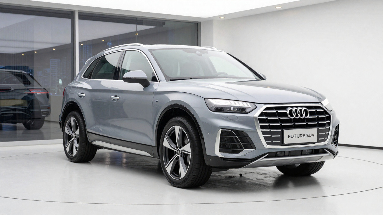 Carro Audi SUV cinza estacionado em salão moderno com iluminação branca e piso claro.