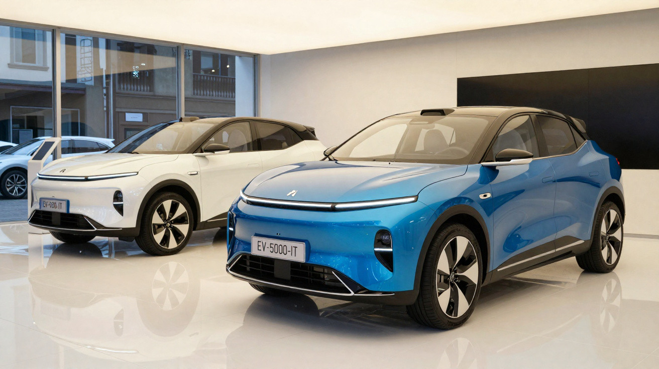 Dois carros elétricos modernos, um azul e um branco, exibidos em showroom com piso branco brilhante.