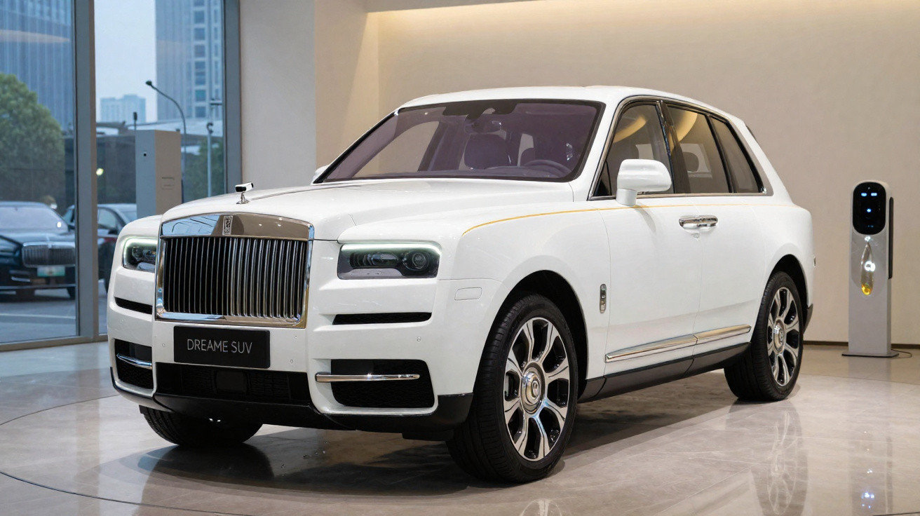 SUV branco de luxo Rolls-Royce Dreame exposto em showroom moderno com carregador elétrico ao fundo.