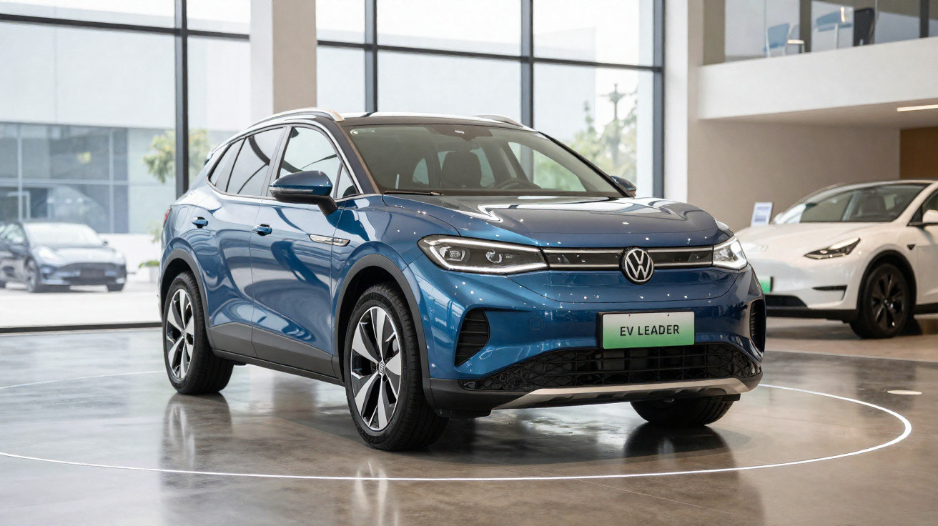 Carro elétrico Volkswagen azul em showroom moderno com outra viatura ao fundo.
