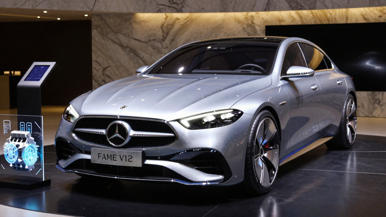 Carro prata Mercedes-Benz FAME V12 exposto em salão com iluminação interna e fundo de parede marmorizada.