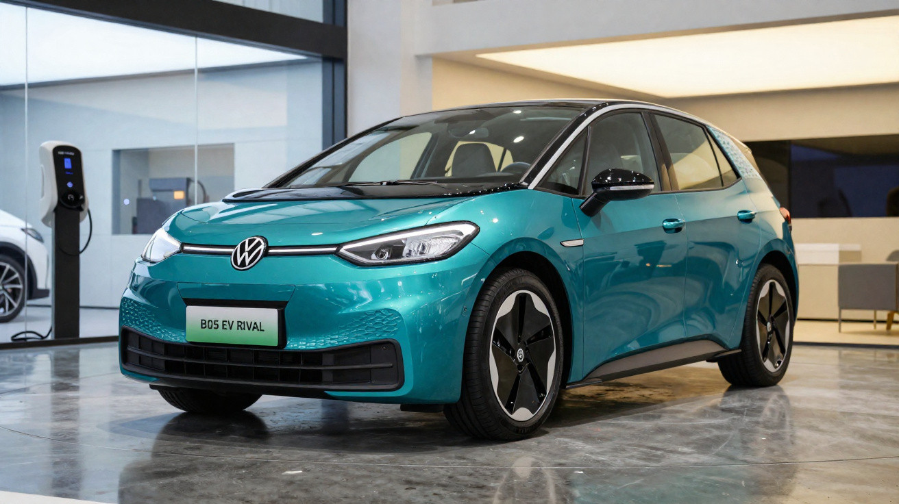 Carro elétrico Volkswagen B05 EV Rival azul em showroom moderno com estação de carregamento.