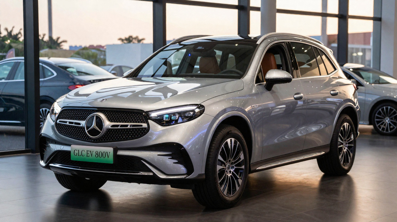 Carro SUV Mercedes-Benz GLC EV 800V prata exibido em showroom com iluminação natural.