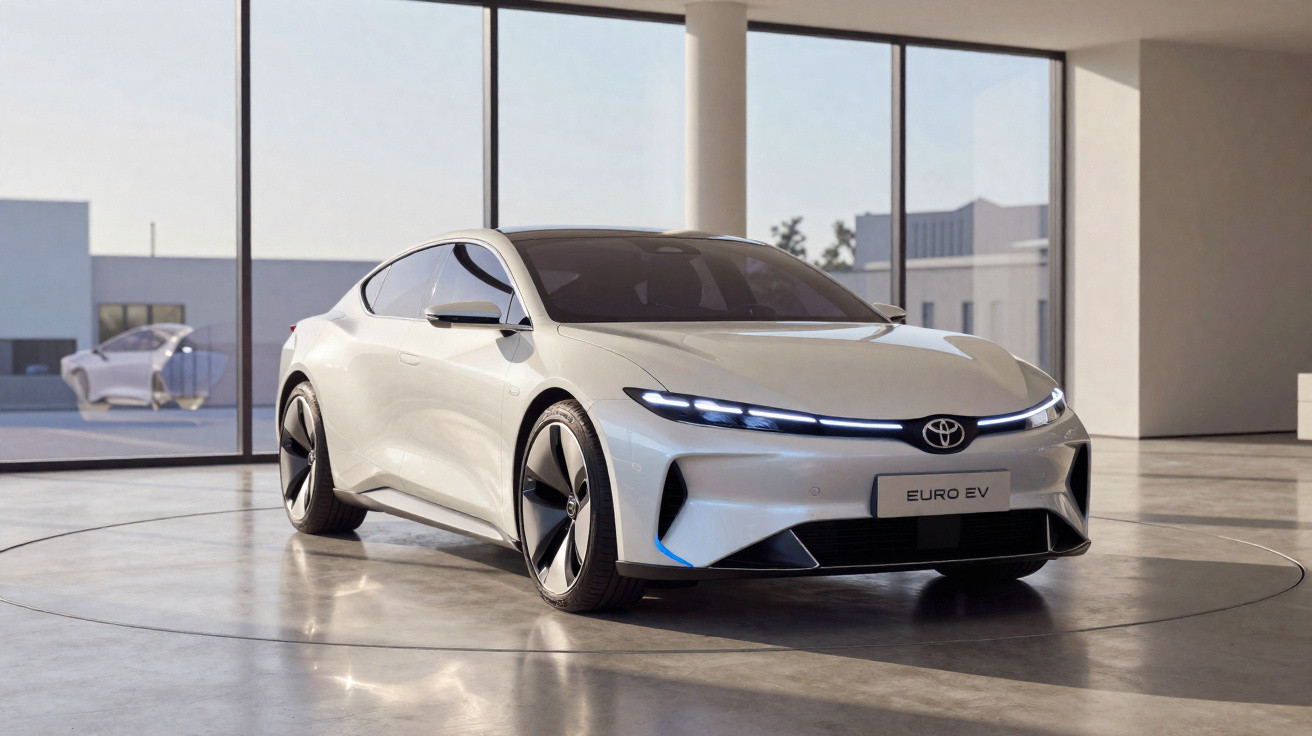 Carro elétrico branco Toyota Euro EV exibido em ambiente interno moderno com janelas amplas.
