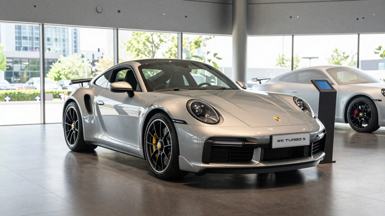 Carro esportivo Porsche 911 Turbo S prata exibido em showroom moderno com piso cinza e janela grande.