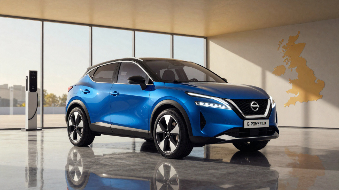 Carro elétrico azul da Nissan estacionado em área interna com estação de recarga ao fundo.