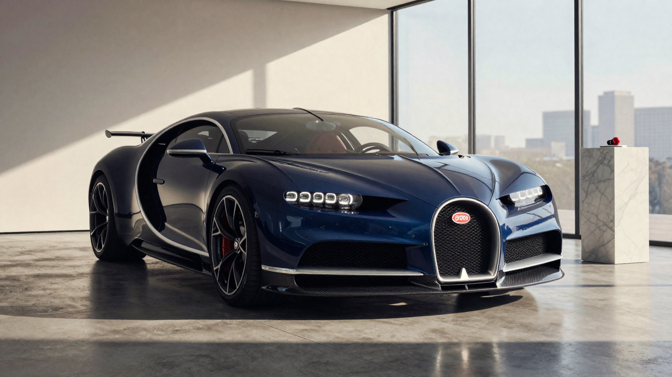 Carro esportivo Bugatti Chiron azul escuro estacionado em sala moderna com janelas grandes e piso de cimento.