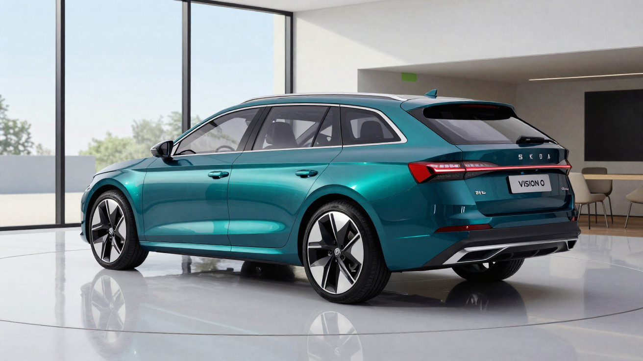 Carro elétrico Skoda Vision 0 verde estacionado em ambiente interno moderno e iluminado.