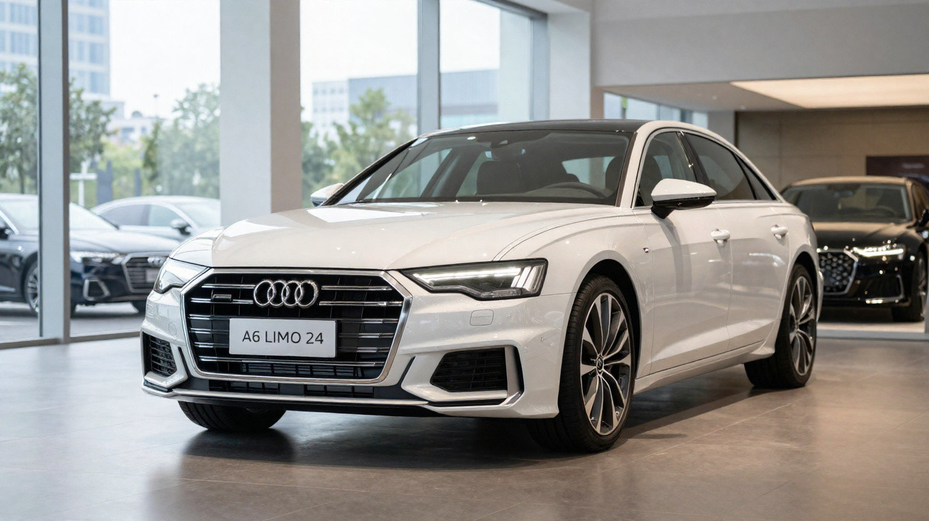 Carro Audi A6 branco em exposição dentro de showroom moderno com grandes janelas de vidro.