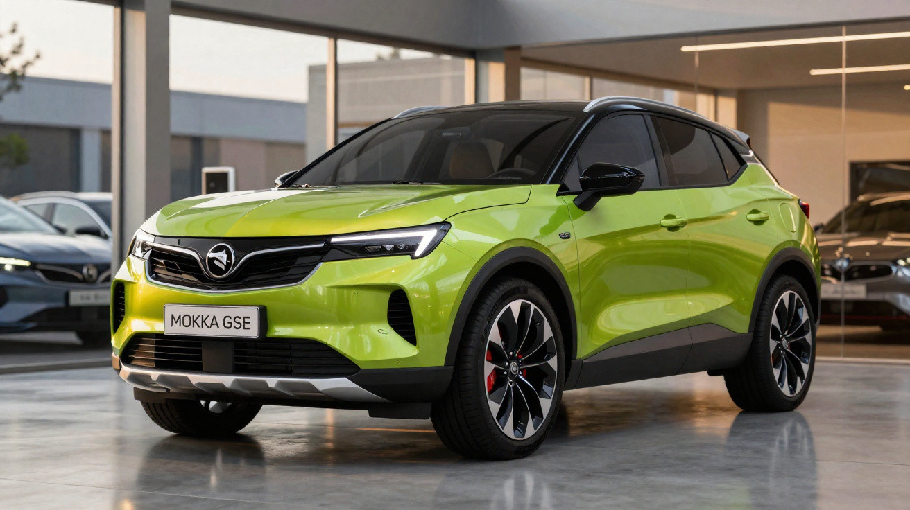 SUV verde-limão Opel Mokka GSE estacionado em showroom moderno com teto preto e detalhes em preto.