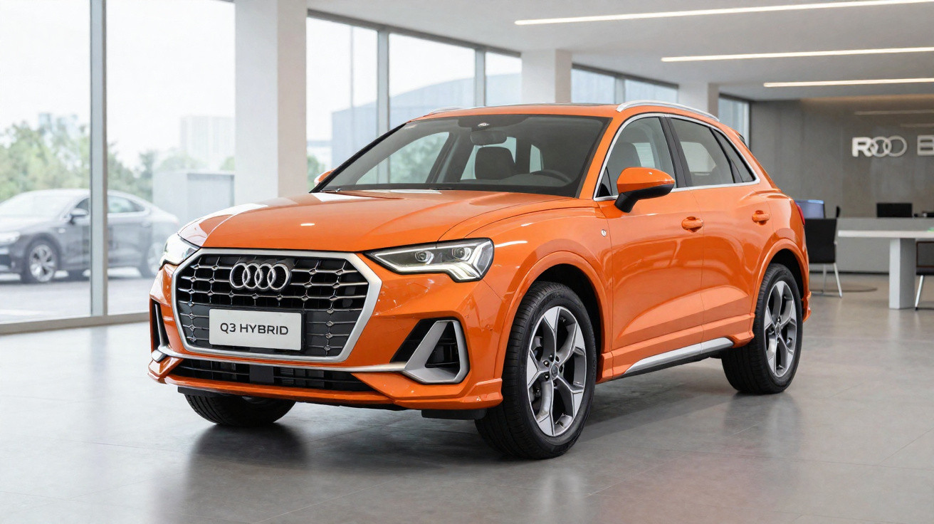 Carro Audi Q3 Hybrid laranja estacionado em showroom moderno com piso cinza e paredes claras.