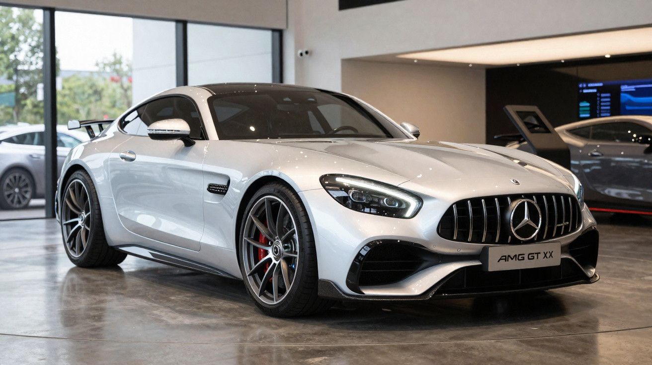 Carro esportivo prata Mercedes-Benz AMG GT XX em showroom moderno com piso de cimento polido.
