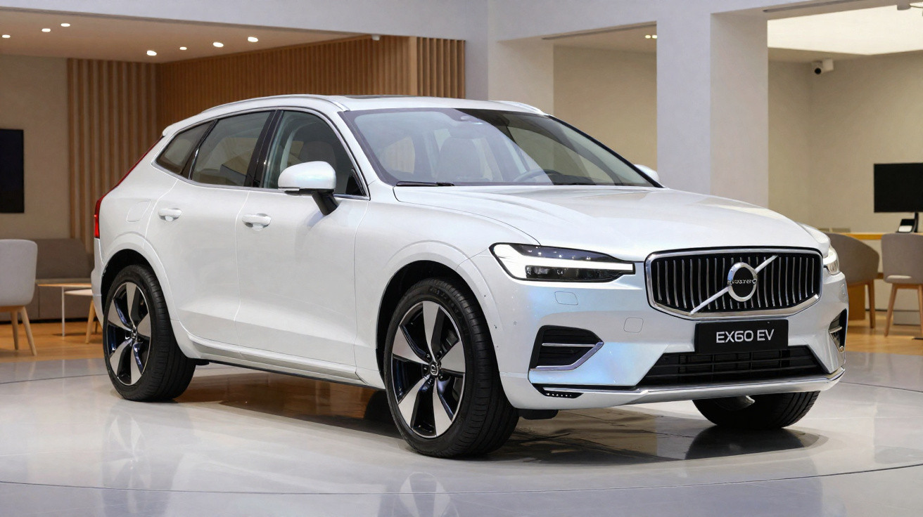 Carro elétrico Volvo EX60 EV branco exibido em showroom moderno e iluminado.