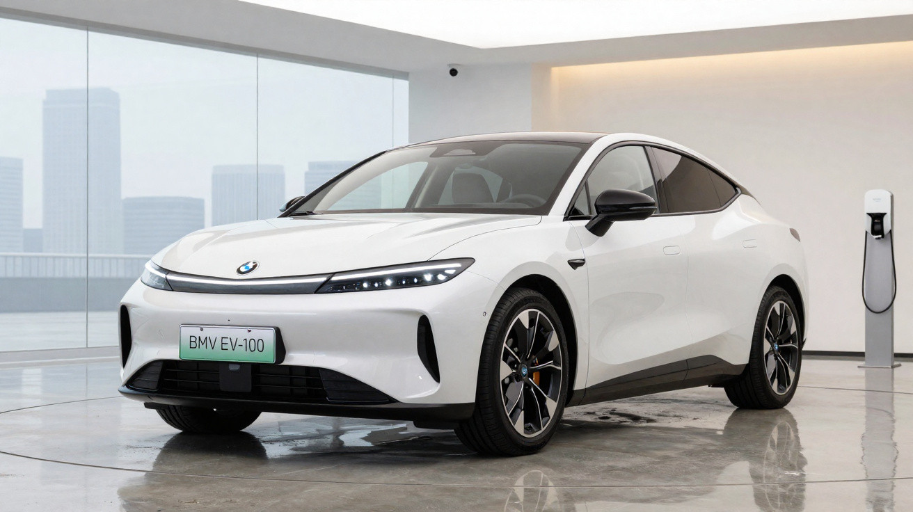 Carro elétrico branco BMV EV-100 estacionado em garagem moderna com carregador ao fundo.