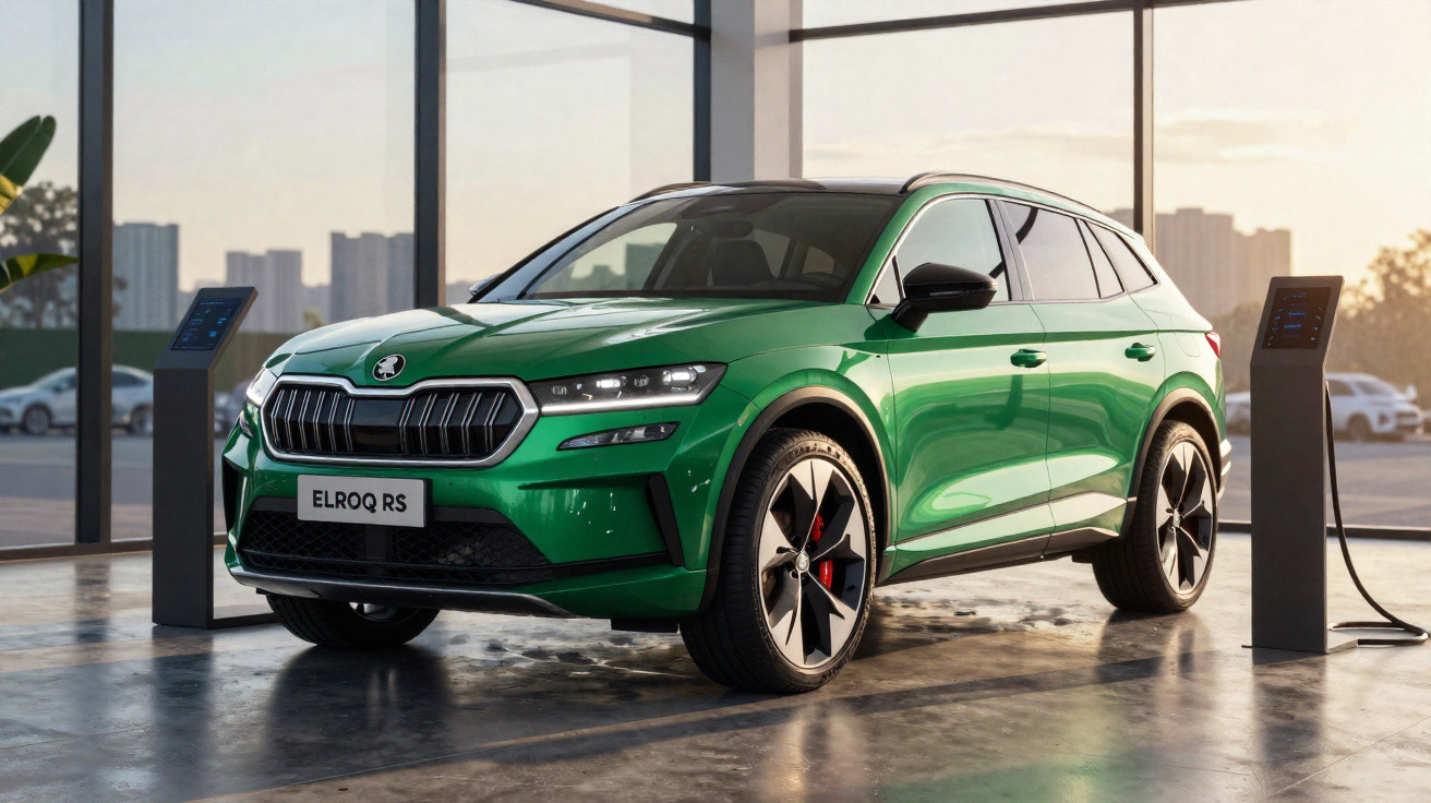 Carro elétrico SUV verde Skoda ELROQ RS carregando em estação de recarga em ambiente fechado.