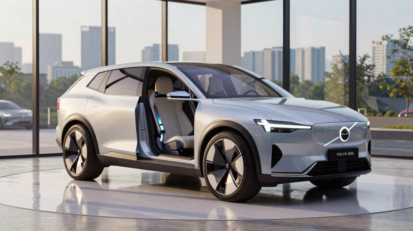 Carro elétrico Volvo cinza claro com porta aberta e interior visível em showroom moderno com vidro.