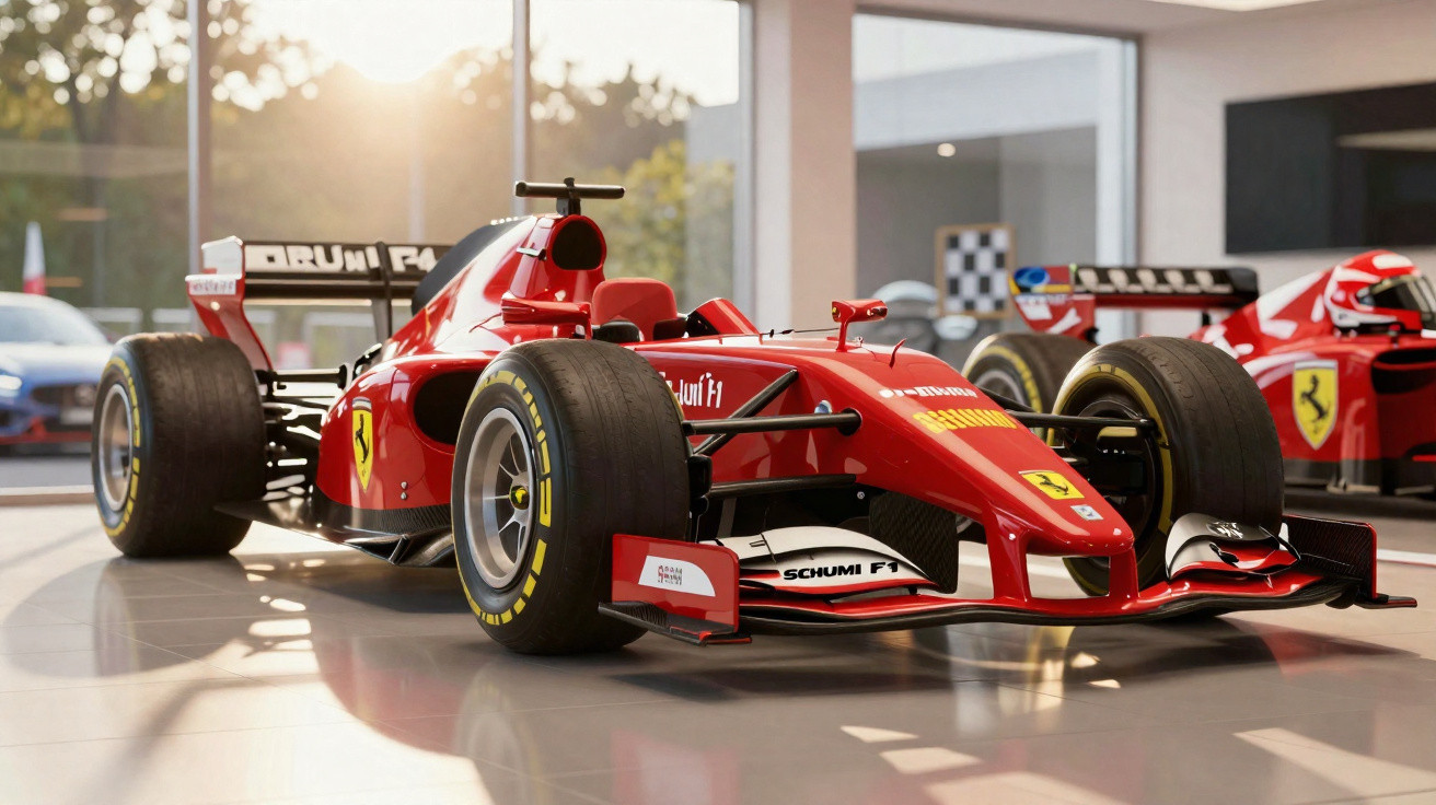 Carro vermelho de Fórmula 1 da Ferrari em ambiente interno com iluminação natural.