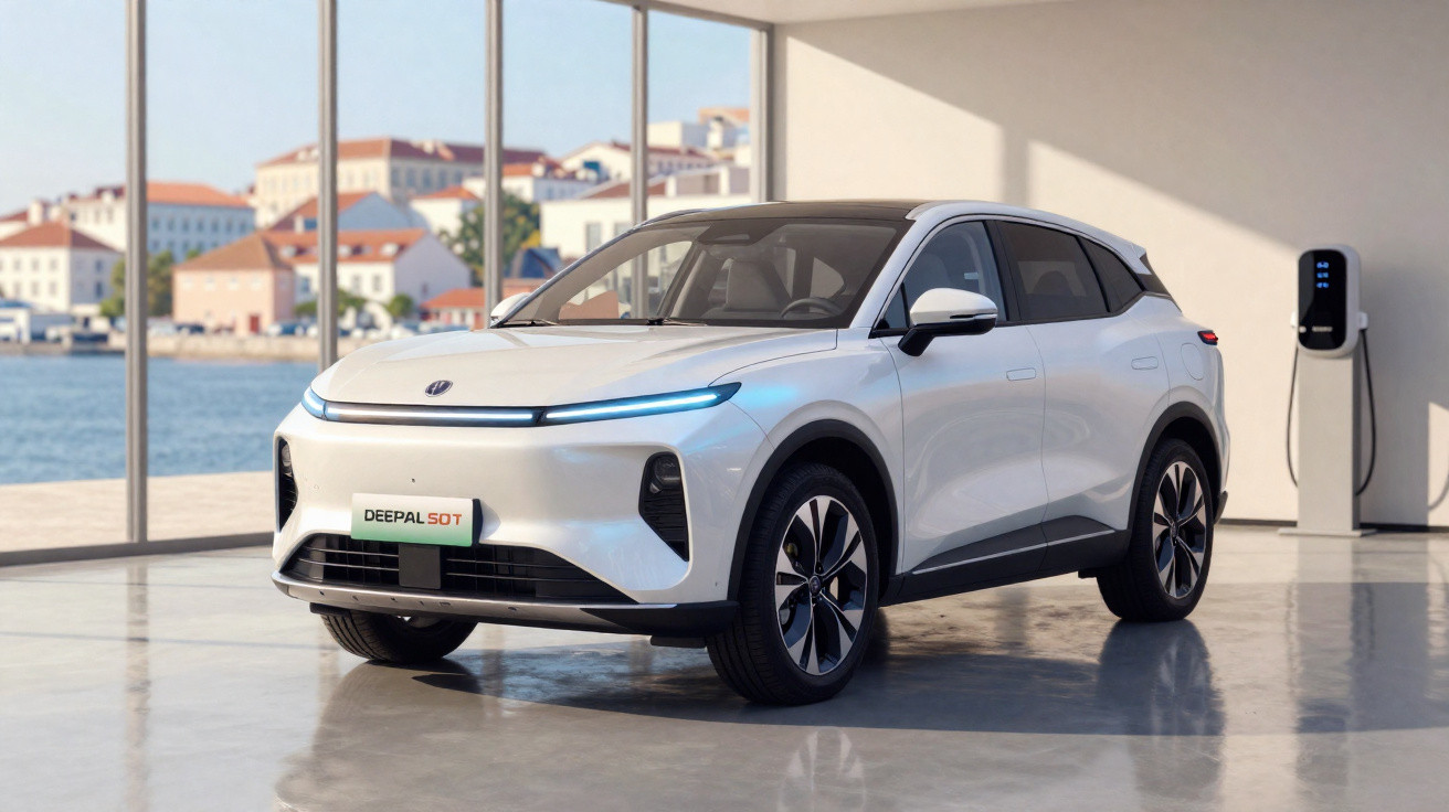 Carro elétrico branco estacionado em showroom com parede de vidro e estação de recarga ao fundo.