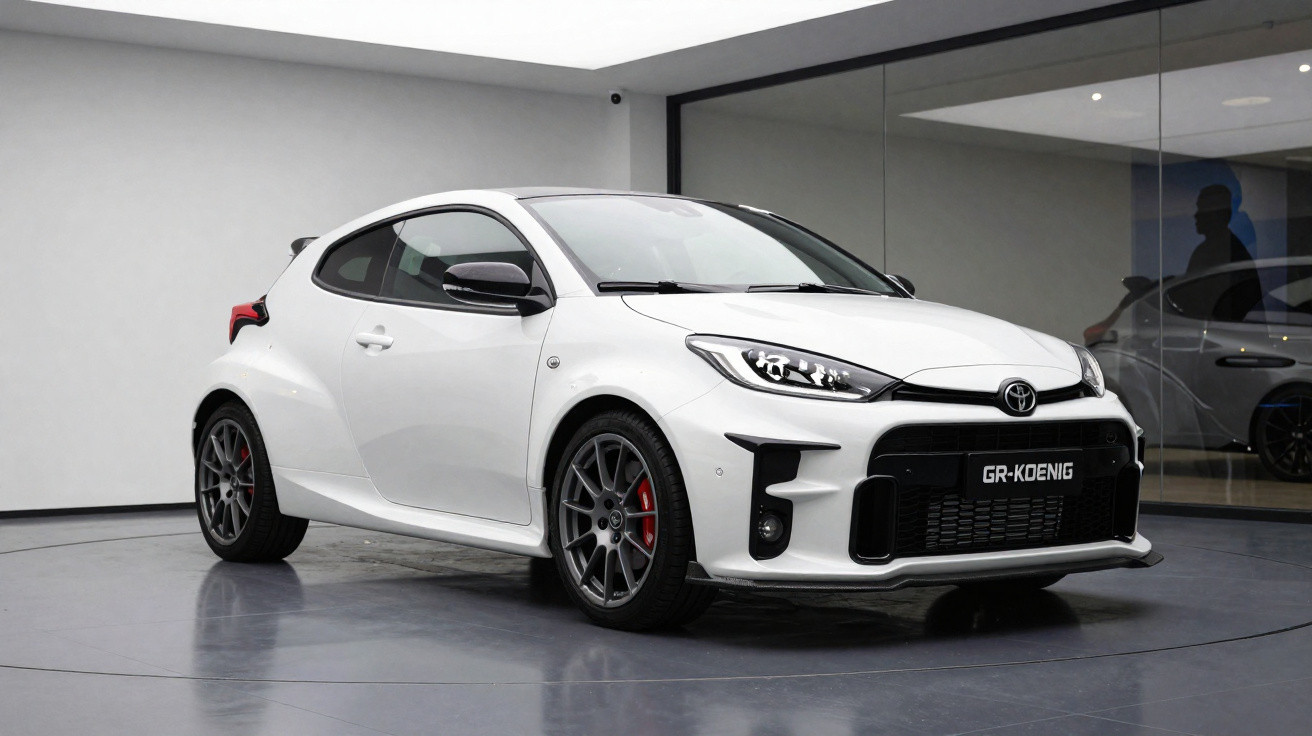 Carro esportivo branco Toyota GR-Koenig em exibição em ambiente interno moderno.