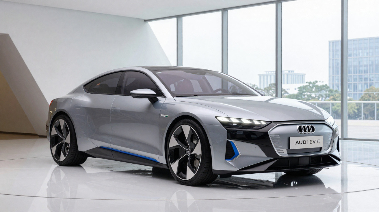 Carro elétrico Audi EV C prata exibido em ambiente interno moderno com janelas grandes.