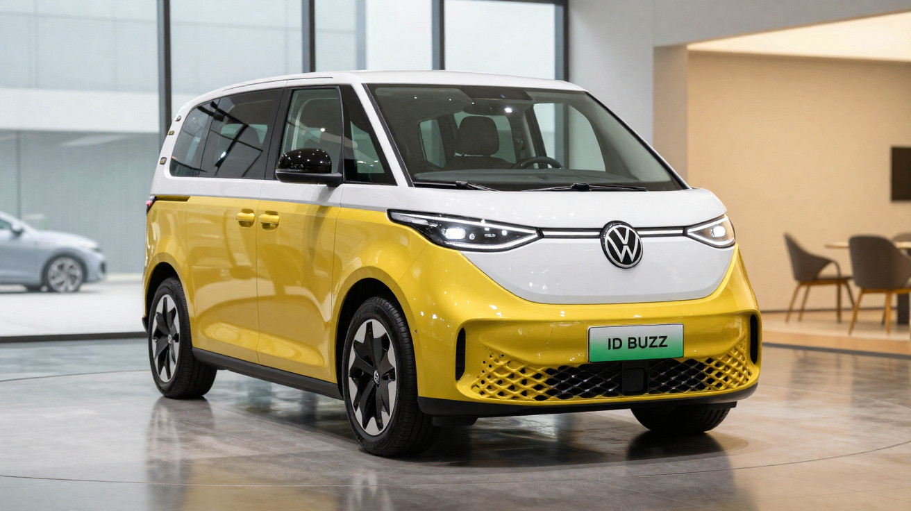 Carro elétrico Volkswagen ID Buzz amarelo e branco estacionado em showroom moderno.