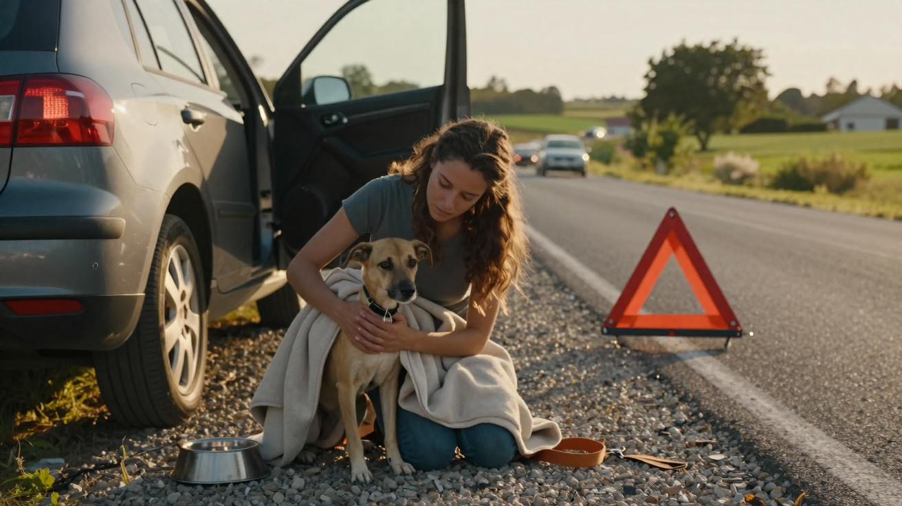 Mulher abraça cachorro enrolado em cobertor ao lado de carro parado na estrada com triângulo de segurança.