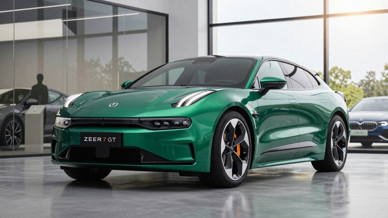 Carro esportivo verde Zeer 7 GT estacionado em showroom moderno com grandes janelas e piso de concreto.