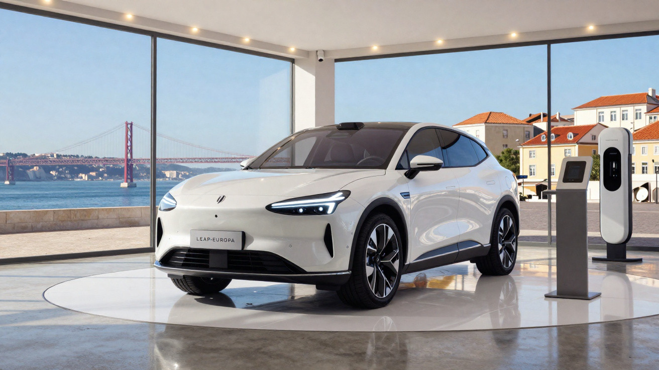Carro elétrico branco em exibição interna com janelas panorâmicas e vista para ponte e prédios ao fundo.