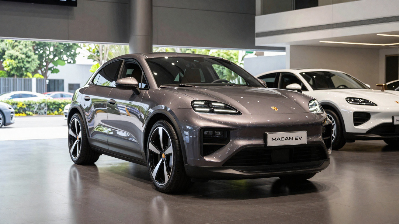 SUV elétrico cinza Porsche Macan EV em exposição dentro de concessionária moderna.