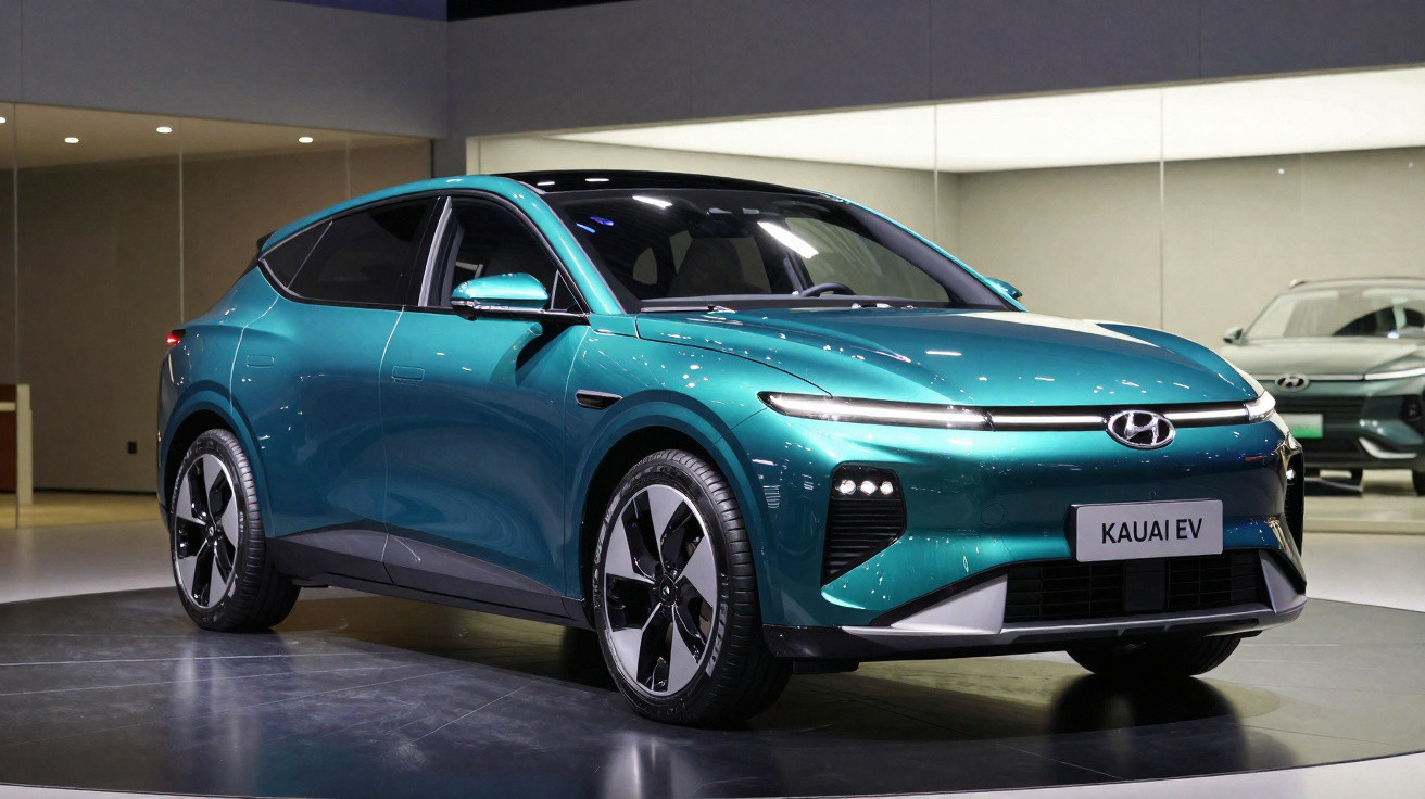 SUV elétrico Hyundai Kauai EV verde exposto em salão automotivo com iluminação interna.