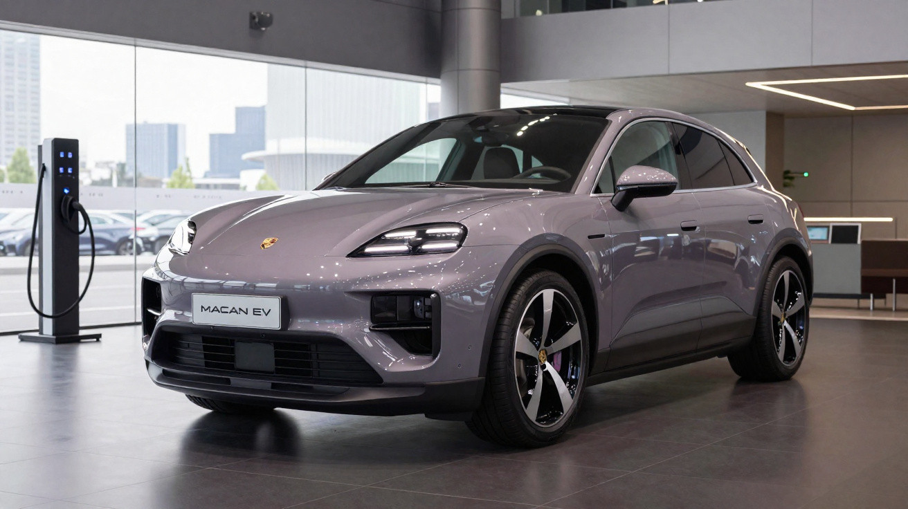 Carro elétrico Porsche Macan EV cinza exposto em showroom moderno com carregador ao lado.