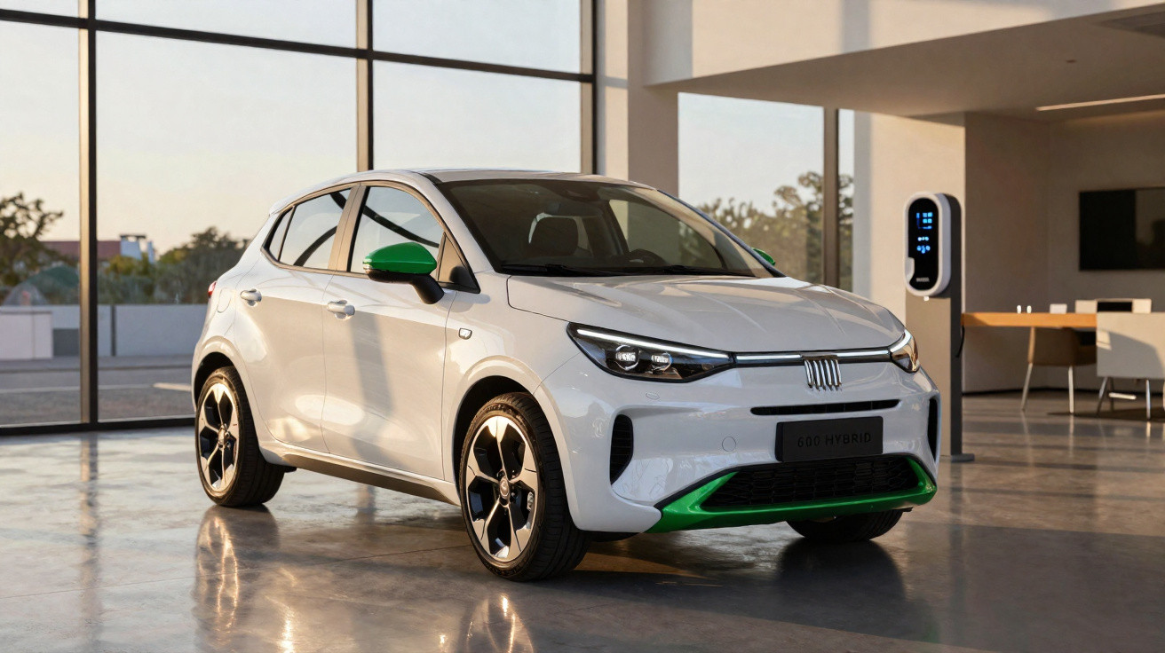 Carro elétrico branco com detalhes verdes estacionado em salão moderno com carregador ao fundo.