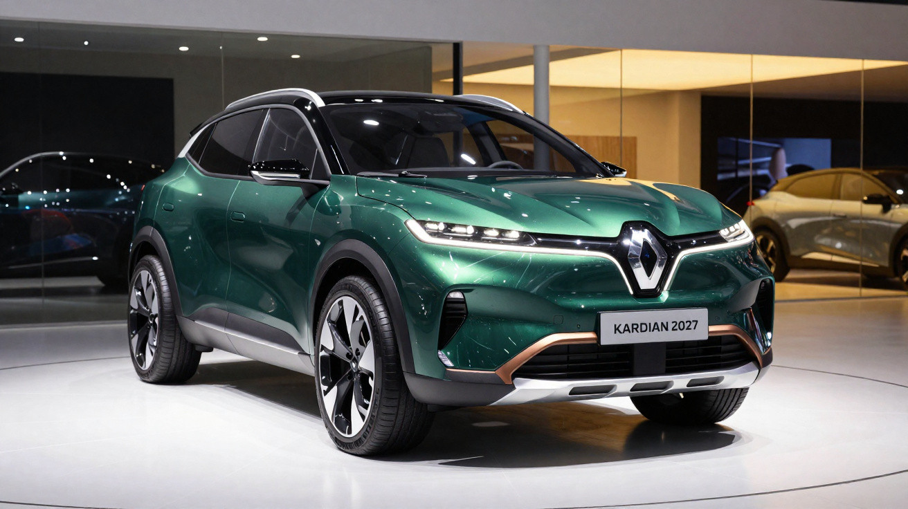 Carro elétrico Renault Kardian 2027 verde em exposição, com design moderno e rodas grandes.