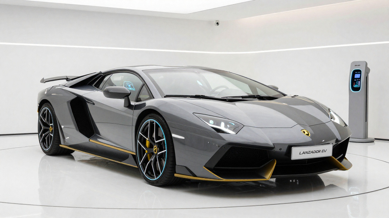 Carro esportivo Lamborghini cinza escuro com detalhes amarelos, modelo Lanzador EV, em salão minimalista branco.