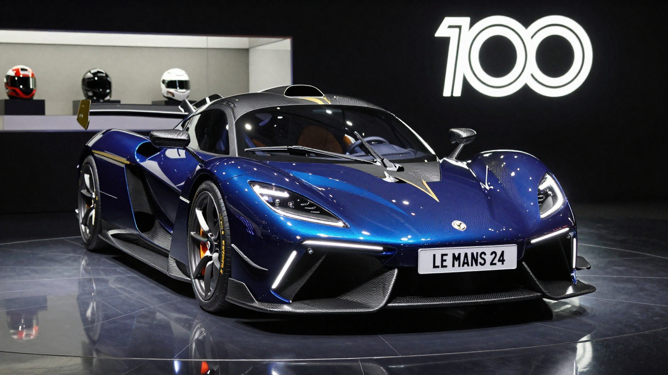 Carro esportivo azul Le Mans 24 em exibição com luzes de LED e capacetes ao fundo.