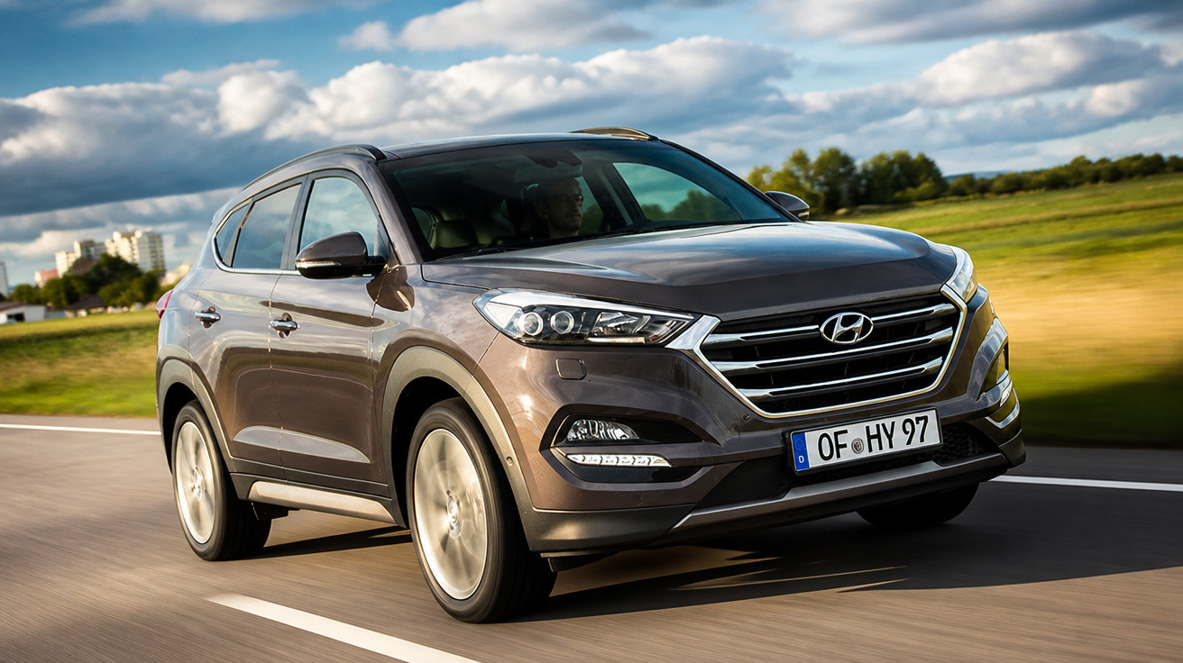 Carro SUV Hyundai cinza escuro em movimento em estrada asfaltada com céu azul e nuvens.