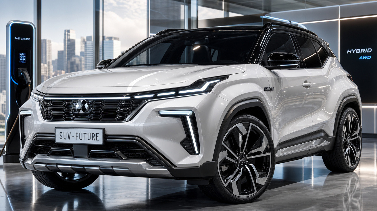 SUV híbrido branco estacionado em estande moderno com carregador rápido elétrico ao lado.